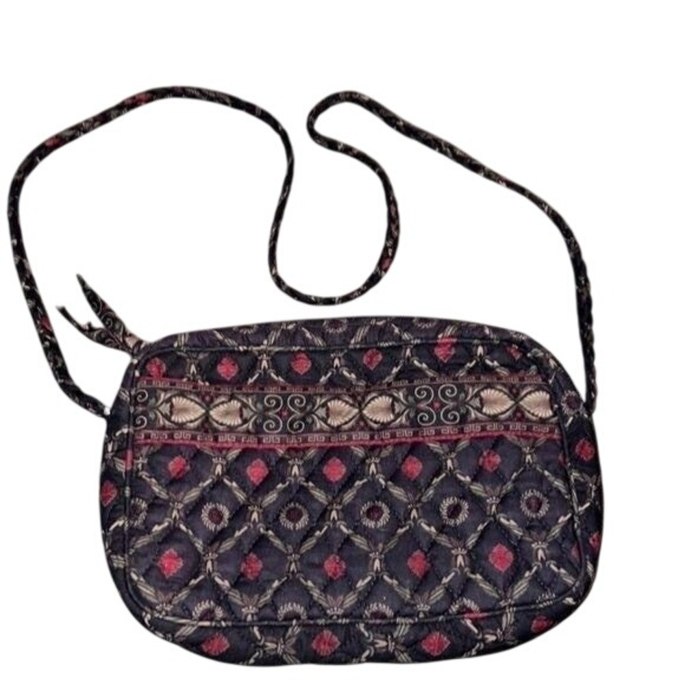 Vera Bradley Vintage Laurel Quilted Cotton Crossbody‎ Bag Black Burgundy Tan